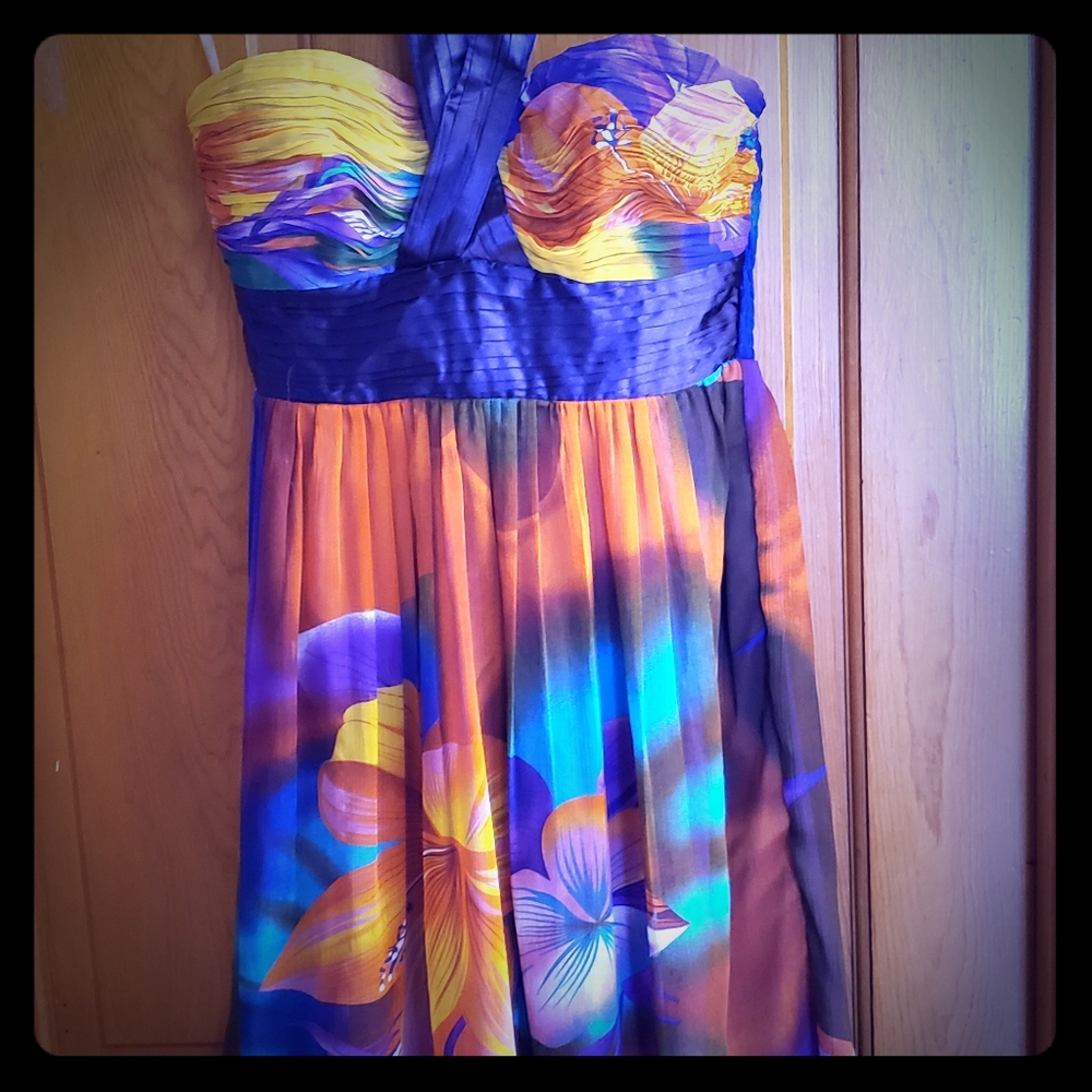 Mid length floral tie halter dress